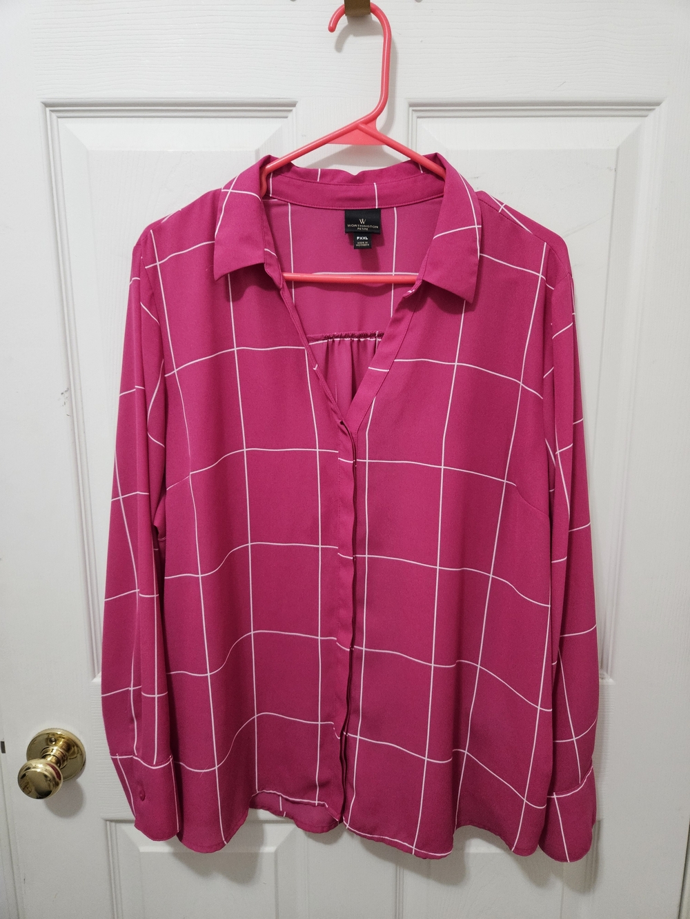 Worthington Fuchsia Pink Windowpane Blouse Dressy Business Casual Button Down